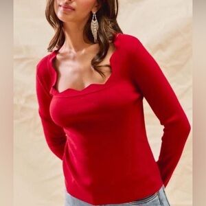 So Me Red Scalloped Neck Top